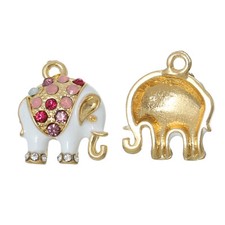 Elephant Charms 5pcs - White Enamel - Coloured Rhinestone - Gold Tone - 18mm