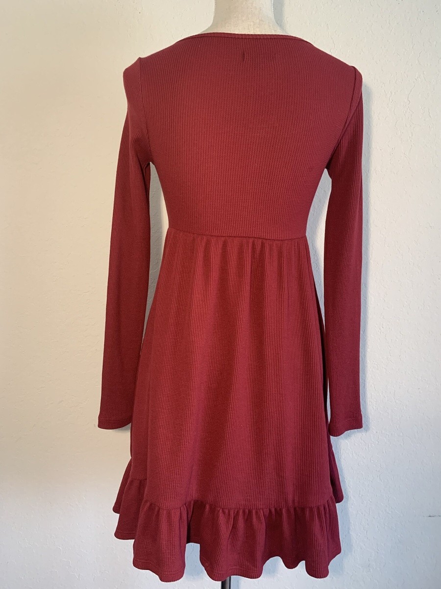 waffle knit babydoll dress Women's Long Sleeve Wild Fable Red XS cloth-size