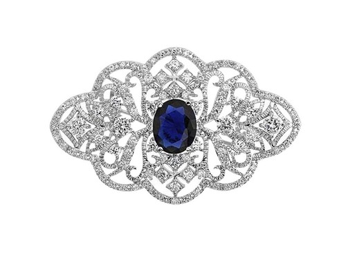 Broche acabado oro blanco corte ovalado zafiro azul y diamante creado - Caja gratis - Imagen 10 de 12