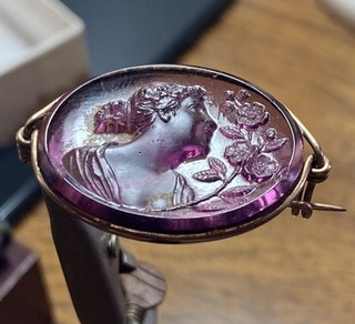 Antique Victorian Gold Filled Amethyst Purple Glass Carved Cameo Brooch Pin