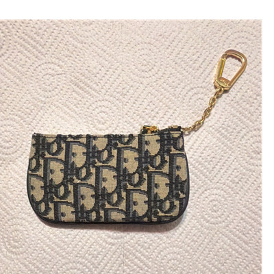 Monogram Dior Zip Coin Pouch Bag Charm Detachable Gold Chain Clip Beige Black