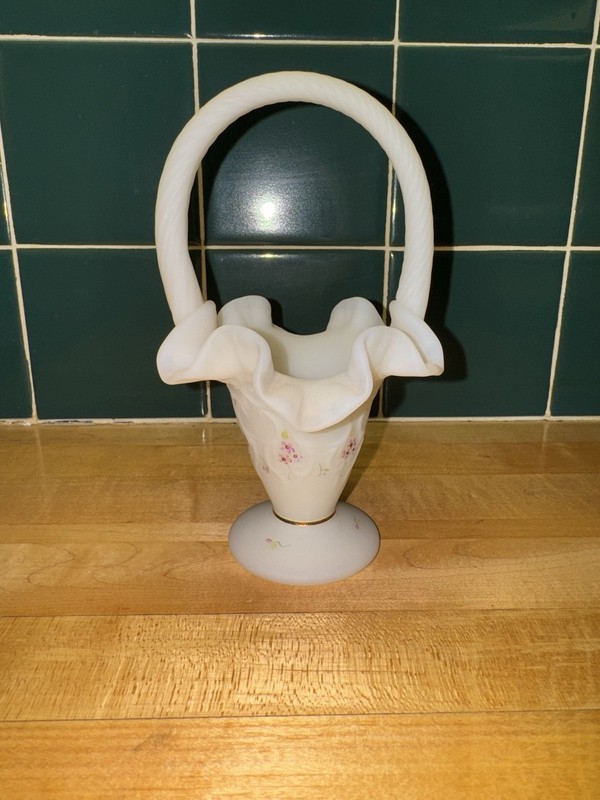 FENTON Art Glass Ivory Satin Glass Basket Kristen’s Floral