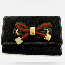 Gucci Vintage Black Sherry Line Key Card Holder Red Green Bow rare luxury