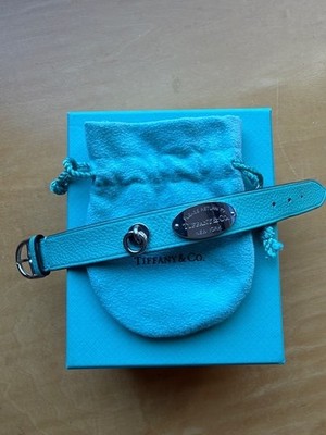 Return To Tiffany & Co. Blue Leather & Sterling Silver Wide Bracelet Sm/MD