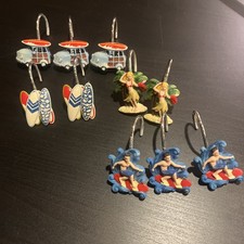 Vintage Set of 10 Shower Curtain Hooks Rings Metal Resin Palm Hawaii Beach Surf