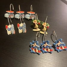 Vintage Set of 10 Shower Curtain Hooks Rings Metal Resin Palm Hawaii Beach Surf