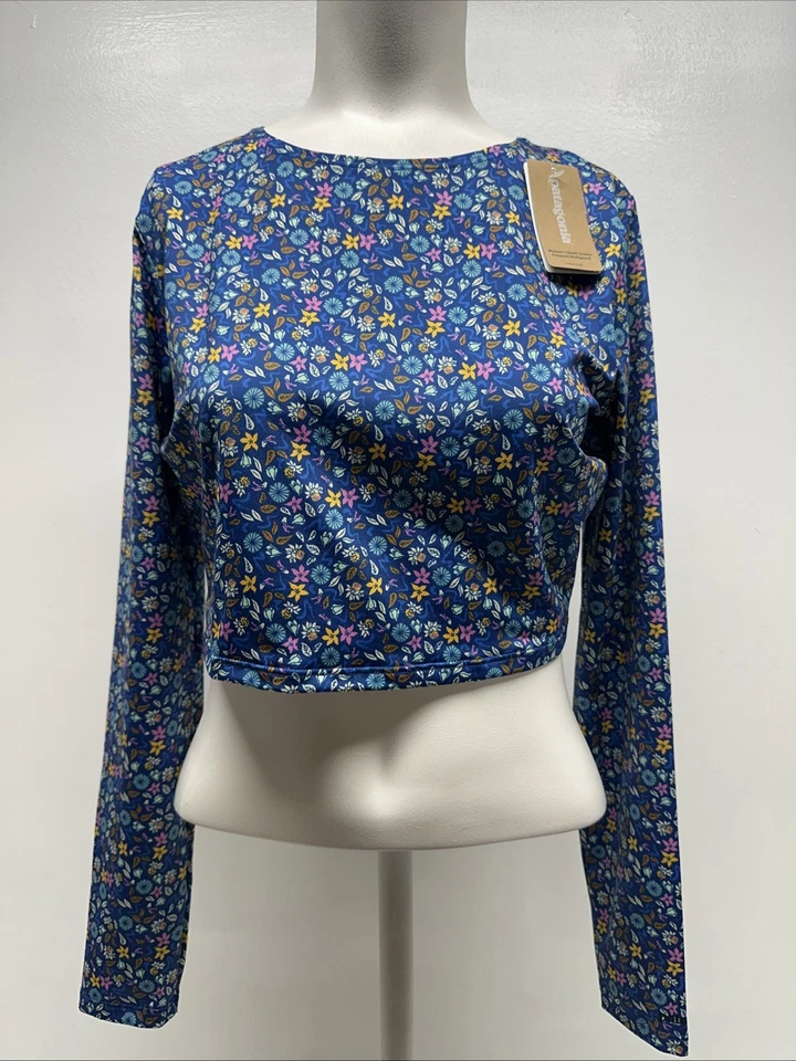Patagonia Swell Crop Rashguard Long Sleeve Swim Shirt Top Floral Blue New Large - Image 2 of 4