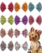 10 Pack 2" Small Dogs Hair Bows with French Clips Rhinestone Yorkie Leopard