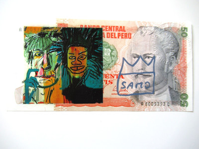 A) J.M.BASQUIAT 50 INTIS BANKNOTE SKIZZIERT, ORIG. HANDSIGNIERT, PS 18.1.1988