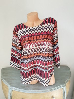 Alfred Dunner Size L Women s Top Bling Neckline Fall Colors Geometric