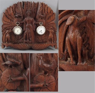 Antique Carved Wood Folk Art Woman Eagle Rooster Dogs Double Pocket Watch Holder