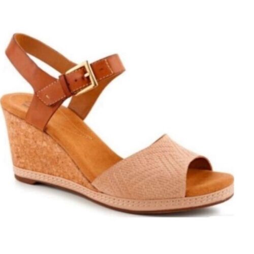 Clarks Collection Helio Jet Wedge Leather Suede Sandals Tan Cork Bottom Size 5.5