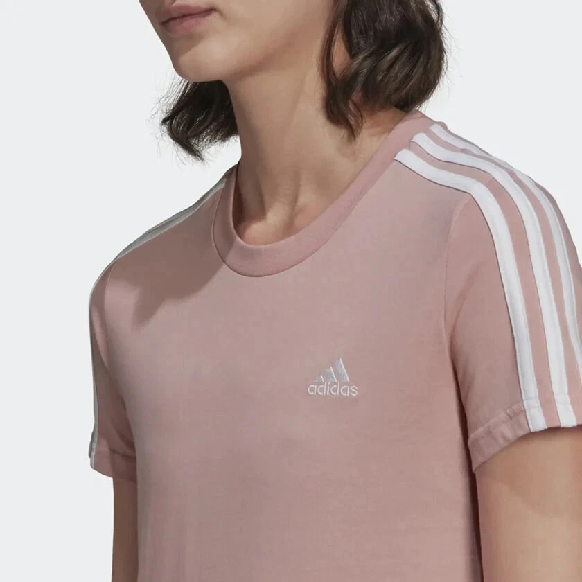 ADIDAS WOMENS T SHIRT SLIM 3 STRIPES TOP CASUAL GYM SPORTS T-SHIRT PINK XS-XL - Image 3 of 4