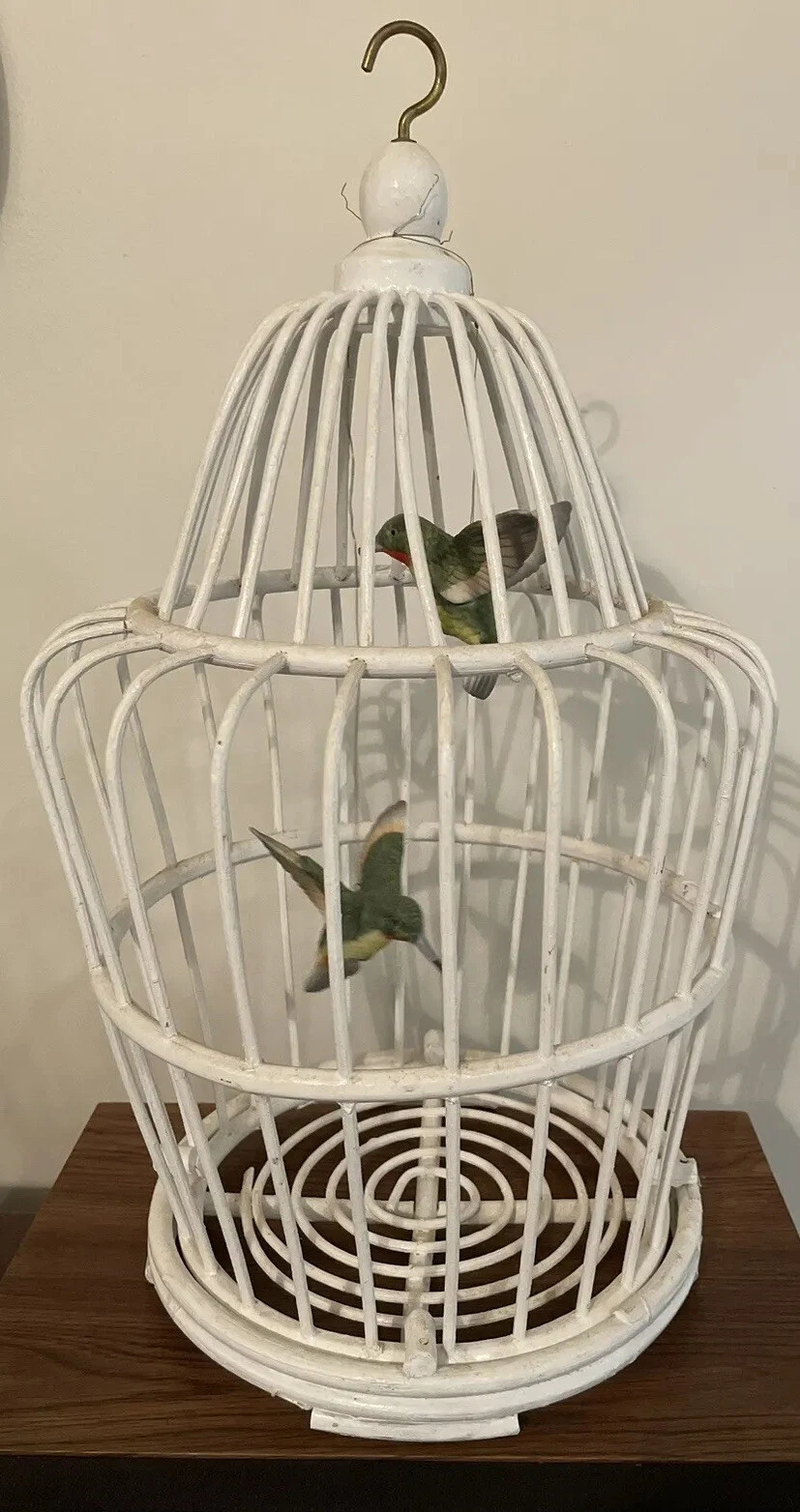 Wooden Bentwood Bird Cage Decoration White with Ceramic Hummingbirds