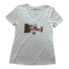 Women Small V Neck Short Sleeve T-Shirt "Merry Christmas" Santa-Reindeer