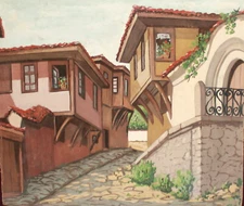 Vintage realist gouache painting landscape of a country houses