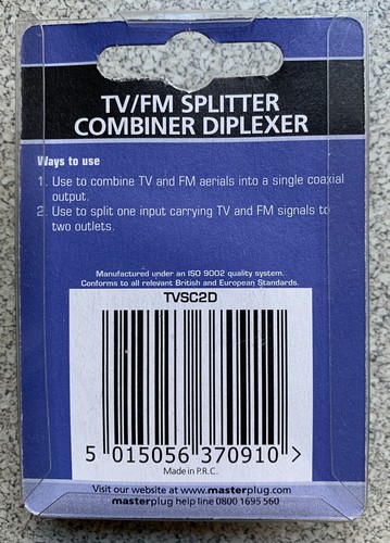 Masterplug 2-Wege TV/FM Antenne Koax Splitter Diplexer Adapter *hochwertig* Neu aus altem Lagerbestand - Bild 2 von 2