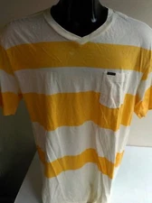 QUIKSILVER SS Striped V-Neck T Shirt Yellow/Ivory Cotton SIZE XL