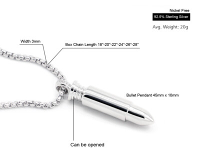 Genuine 925 Sterling Silver Box Chain Necklace With Bullet Pendant