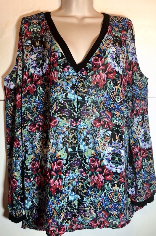 MICHELE MILLER WOMENS SIZE XL COLD SHOULDER TOP MULTI TEAL/PINK PRINT 