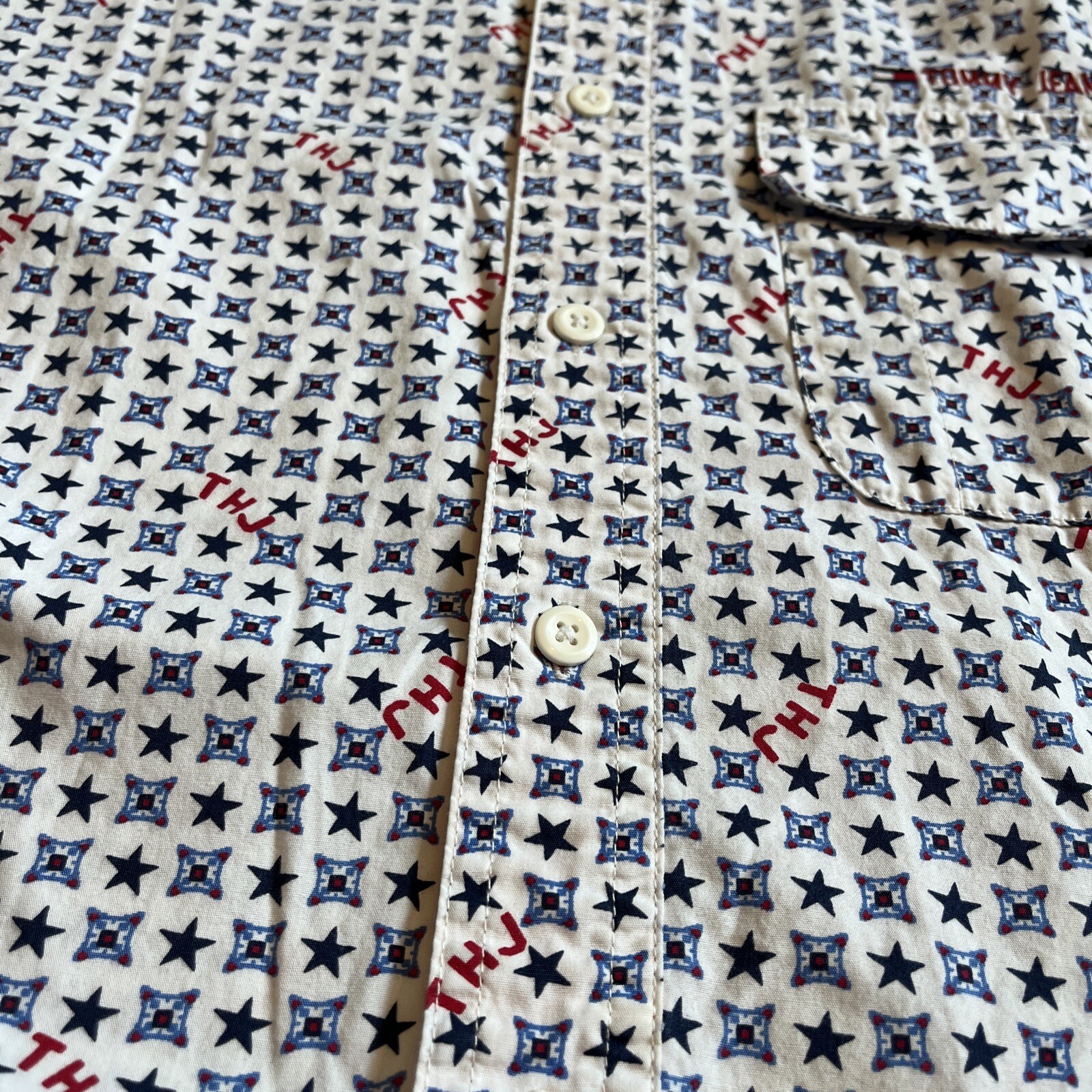 Tommy Jeans Logo Mens Button-Up Casual Shirt Short Sleeve Pockets Mesh Large - View 2