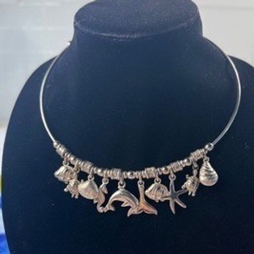 Silver Tone Ocean Charm Torque Collar Necklace Dolphin Whale Starfish Seashell