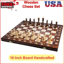 Handcrafted Wooden Chess Set 16 Inch Hand Carved Board Pieces Full Vintage Game