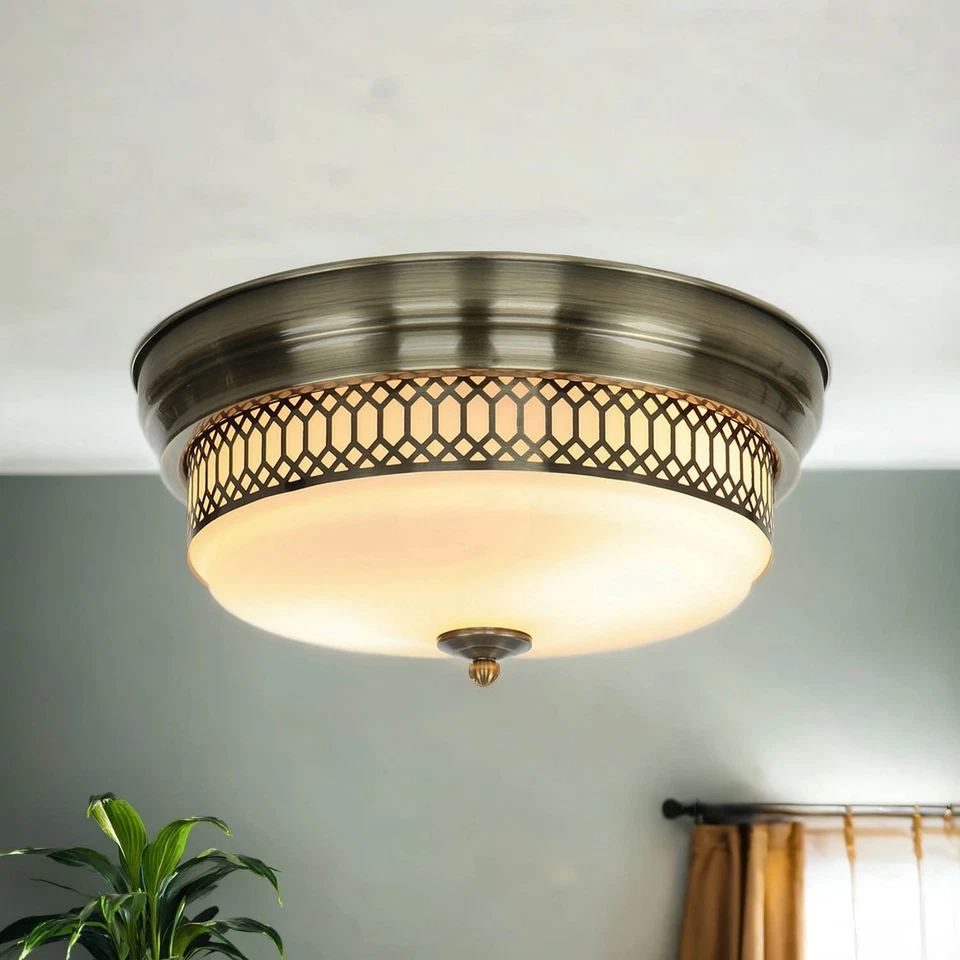 Deckenlampe Deckenleuchte Bar Ø 35 cm Messing Antik Weiß IP44 Glas Metall 2x E27 - Bild 2 von 4