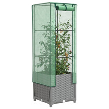 Raised Bed Greenhouse Light Grey PP Rattan Look 40x40x139 cm with Cover Iron PE