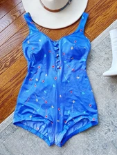 Maxine Of Hollywood Swimsuit 1980s Cutout Back VTG Floral Pin Up Style