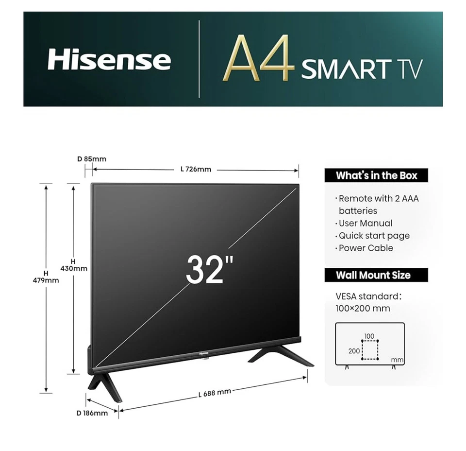 Hisense 32A4NTUK Smart LED TV HD Ready, 32" Vidaa Smart - Image 3 of 4