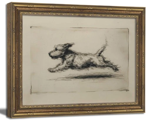 Vintage Gold Framed Wall Art Antique Terrier Sketch Running Dog Wall Decor 9x11" - product listing photo