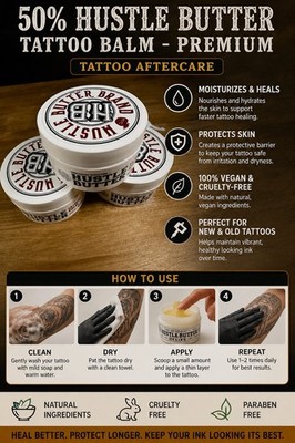 Hustle Butter 50% Tattoo Aftercare Balm Moisturizing, Soothing Vegan
