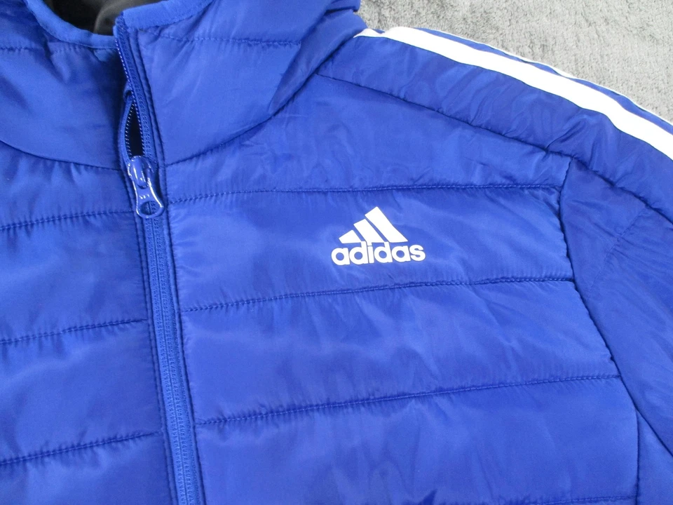 Chaqueta Adidas Juvenil Grande Azul Capucha Puffer Abrigo Cremallera Completa 3 Rayas Aislado Foto 4 de 4