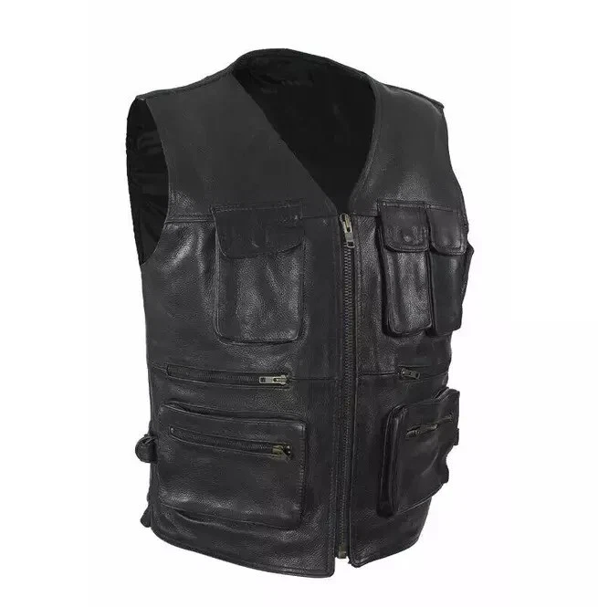 Men's Motorcycle Leather Cargo Vest Multi Pocket and Adjustable Straps on Waist