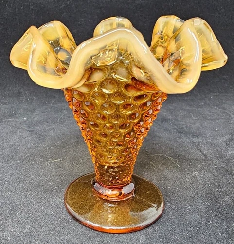 Vintage Fenton Amber Glass Miniature Frosted Ruffled Edge Small Vase 3.75"