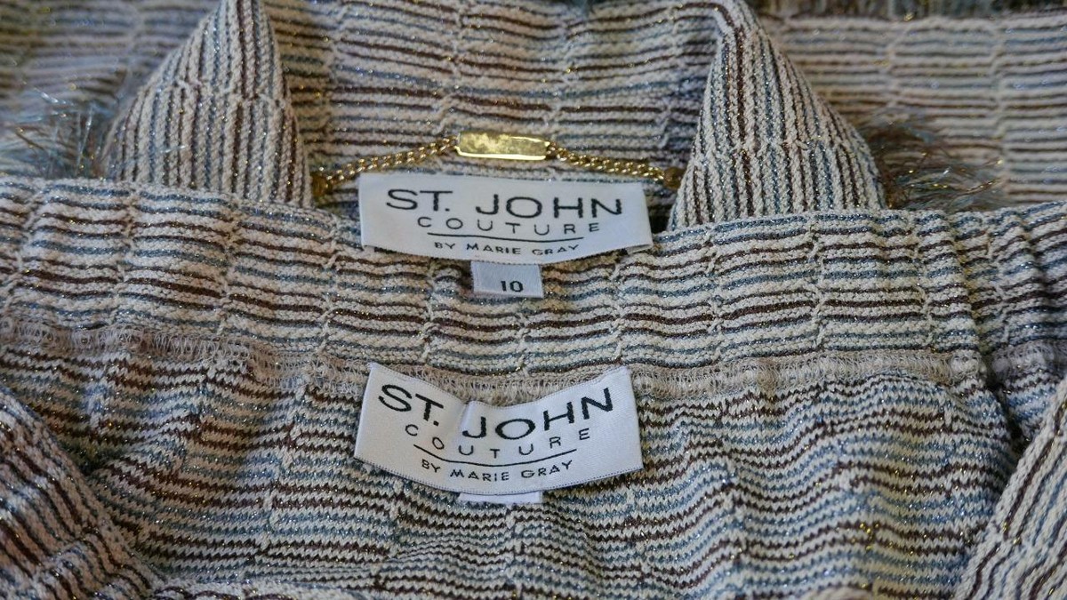 専用　ST .JOHN 高級　上着 ST. JOHN Couture Beige Blue JACKET & Skirt L 10 12 2pc Suit