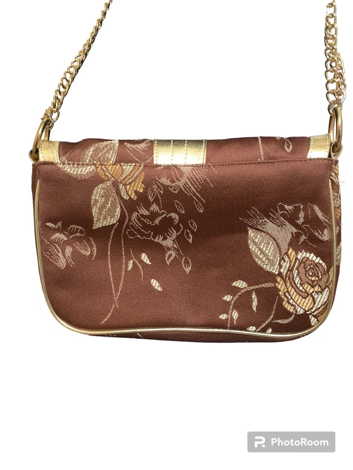 Cartera Newport News Damas Bordada Marrón Dorado Estrás Flor Cierre Foto 3 de 4