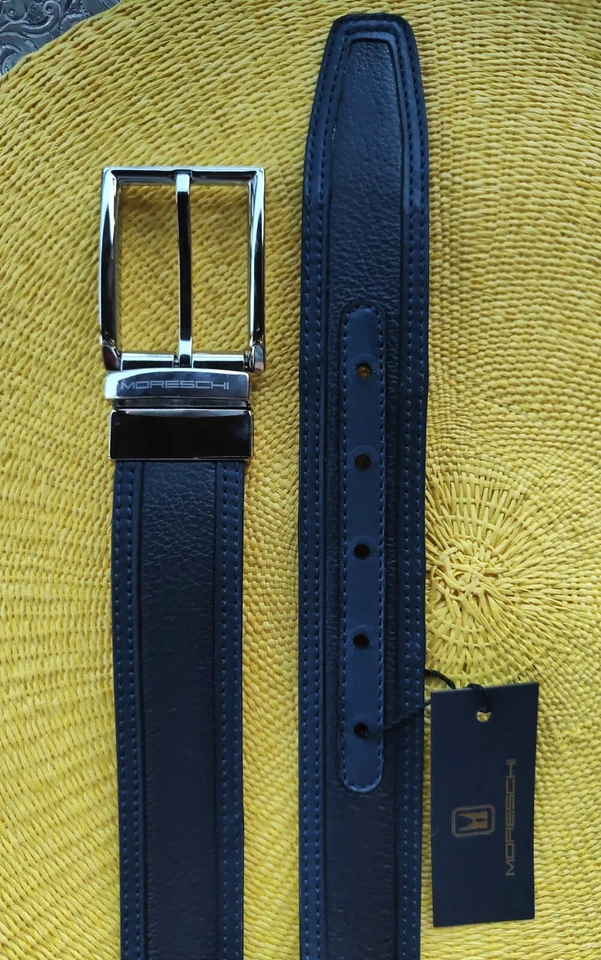 MORESCHI - CINTURA TAORMINA DA UOMO IN VERA PELLE BLU 115cm FIBBIA REVERSIBILE Foto 3 de 4