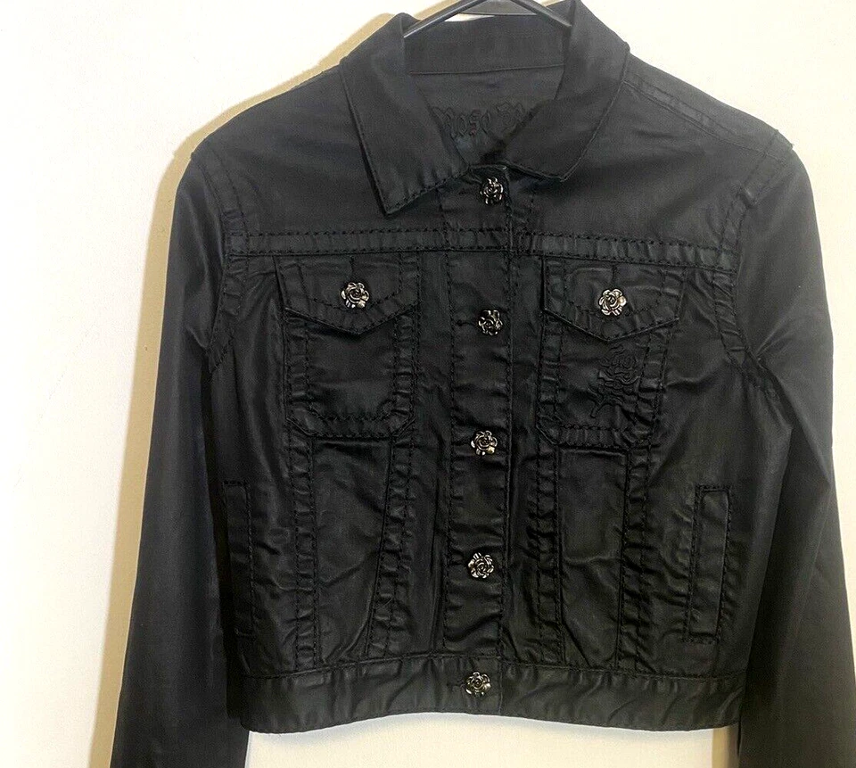 Chaqueta Jackie Denim Encerada Rose Royce Para Mujer Mediana Negra Rosa Botones NUEVA Foto 2 de 4