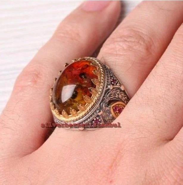 Anillo ámbar naranja joyería turco hecho a mano plata de ley 925 anillo para hombre 01 Foto 2 de 4