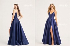 EW35232 Ellie Wilde Navy Blue Satin A-Line Gown Lace-Up Back & Slit sz 4 Prom 