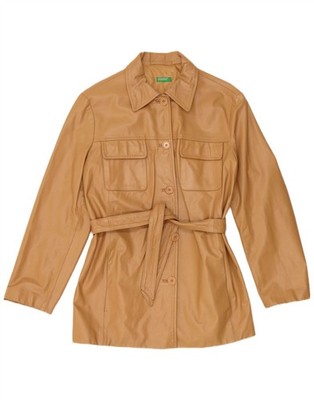 Benetton Womens Leather Jacket UK 16 Large Beige Leather SB01
