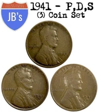 1941 P D S Lincoln Wheat Cents (3) Coins Average Circulated/Better *JB's Coins*