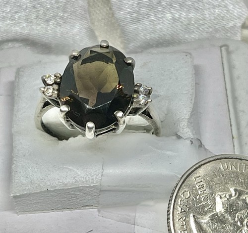 Vintage Oval Smokey Topaz & Clear Rhinestone Sterling Cocktail Ring Sz 10 1/4 - Picture 2 of 20