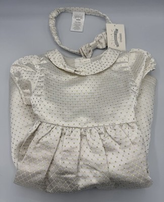Dressed Up By Gymboree 12-18M Fancy White & Gold Polka Dot Dress & Bow Headband