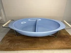 Vintage Pyrex Delphite Blue Glass 1.5 qt Divided Baking Dish w/og Wire Holder