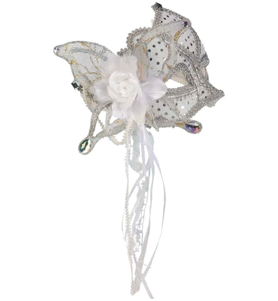 Silver Butterfly Flowers Venetian Masquerade Adult Womens Costume 1/2 Mask - Image 2 of 2