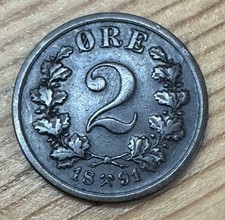 1891 2 Ore, Norway, Oscar II (Bronze, 4.0 g, 21 mm), VF (VF+, R.B.)