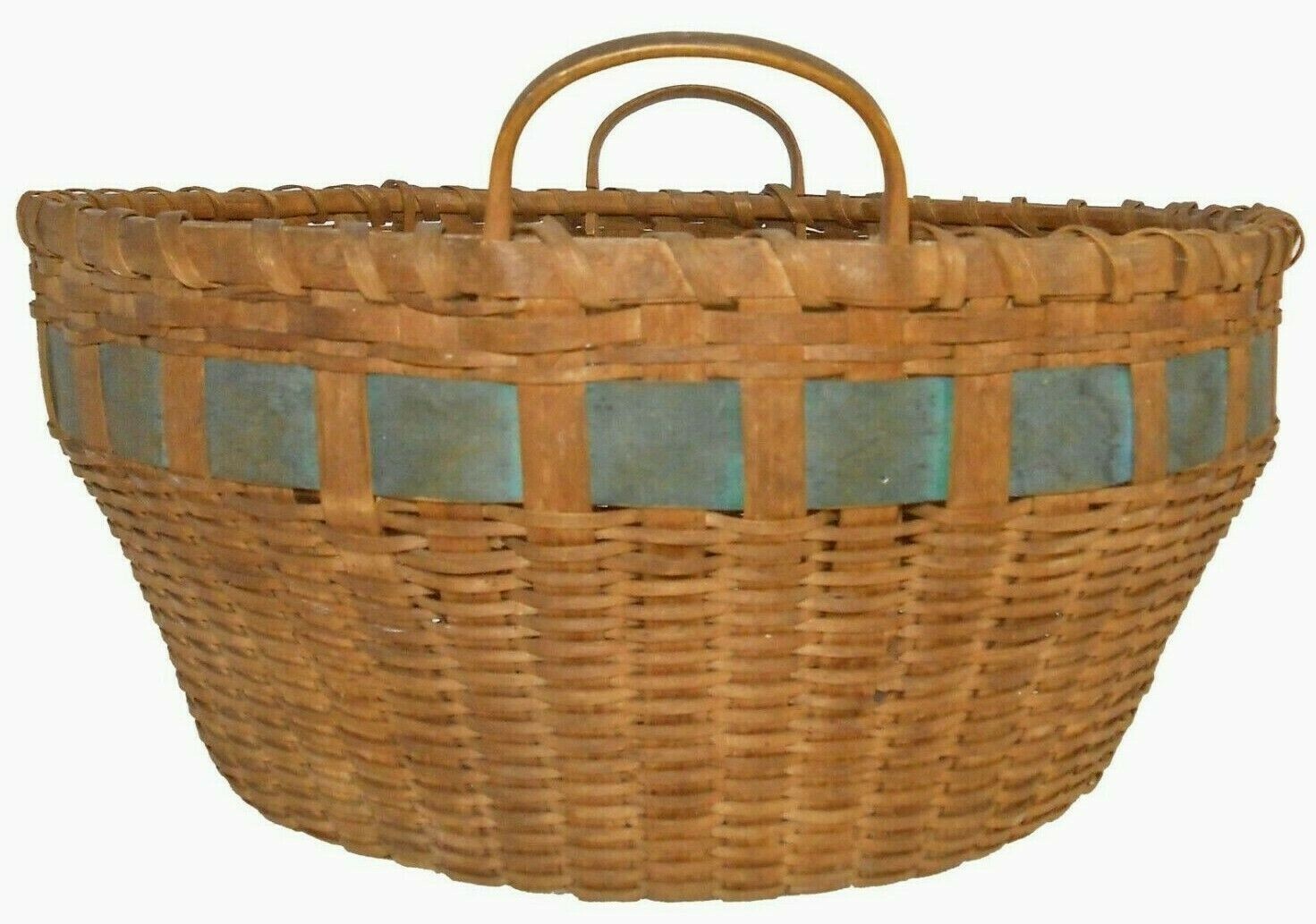 19TH C NEW ENGLAND ANTIQUE PRIMITIVE SPLINT ASH GTHRNG BASKET W/GRN ...